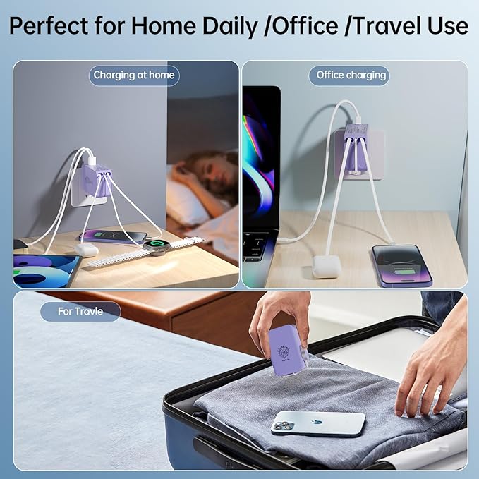 Retractable Apple Watch Charger, 5 in 1 Travel Charging Station for Apple Devices, Retractable Chargers for Multiple Devices with Multi Charging Cable, Charger Block for Apple Gear (Purple)