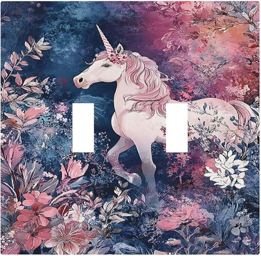 Decorative Switch Plate Covers Fantastic Pink Unicorn Wildflower Forest 2 Gang Double Toggle Light Switch Cover Plate Electrical Wall Plate Outlet Cover for Bedroom Kids room Decor