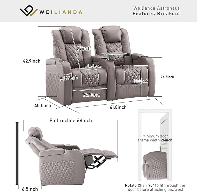 Weilianda Home Theater Seating Top Grain Leather Zero Gravity Recliner Chair Power Headrest Recline Movie Seat Gaming 7 Colors Mood Light Sofa with Tray Table USB Charge Row of 2 Grey