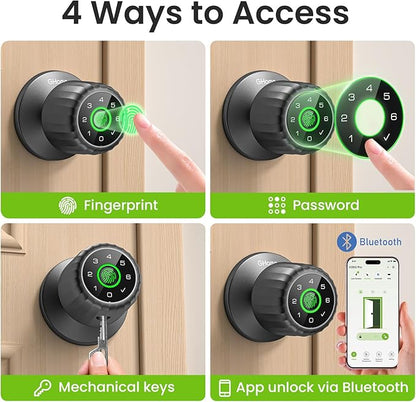 GHome Smart Fingerprint Door Lock, 4-in-1 Fingerprint Door Knob with Keypad, App Control, Keys, Removable & Rechargeable Battery, Door Locks for Bedroom, Home, Garage, Storage Room