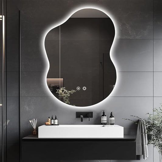 30"x22" Irregular LED Bathroom Mirror with Front & Backlight, Anti-Fog, Dimmable, 3 Color Modes, Wall-Mounted [Horizontal/Vertical]