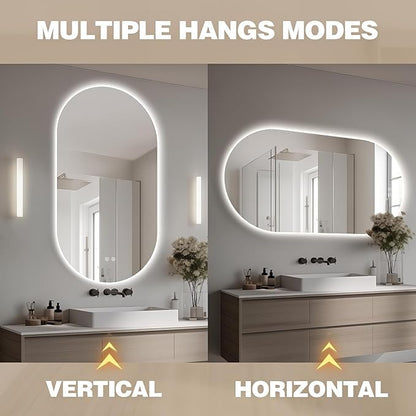 51" x 27" Oval LED Mirror for Bathroom, Backlit Vanity Mirror with Lights, Frameless Smart Wall Mirror, 3 Colors Stepless Dimmable, Anti-Fog, Shatterproof, Memory, CRI95+(Horizontal/Vertical)