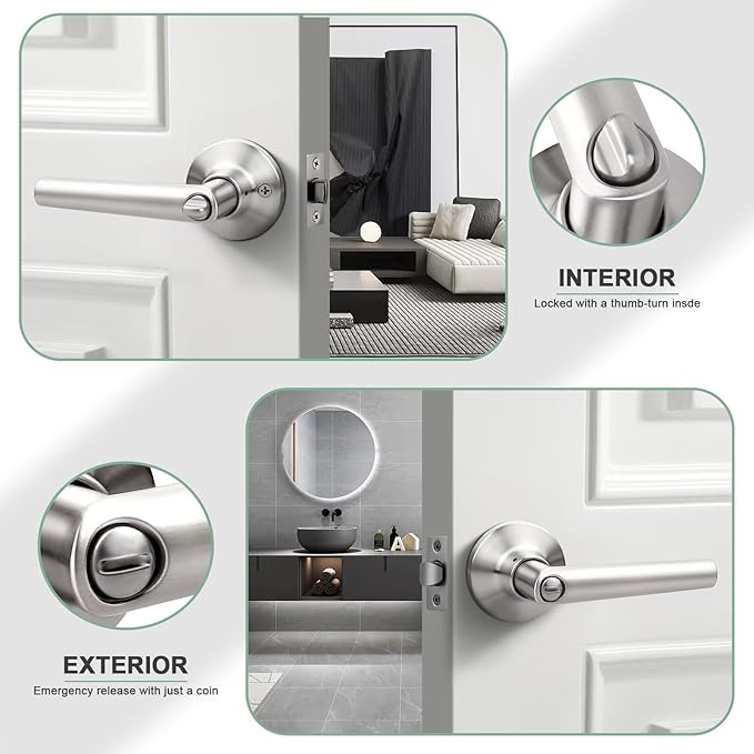 GOBEKOR 5 Pack Brushed Nickel Door Handles Privacy Door Levers with Lock,Heavy Duty Interior Door Handles for Bedroom and Bathroom,Sleek Round Door Lever Satin Nickel with No Key