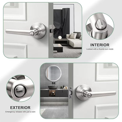 GOBEKOR 5 Pack Brushed Nickel Door Handles Privacy Door Levers with Lock,Heavy Duty Interior Door Handles for Bedroom and Bathroom,Sleek Round Door Lever Satin Nickel with No Key