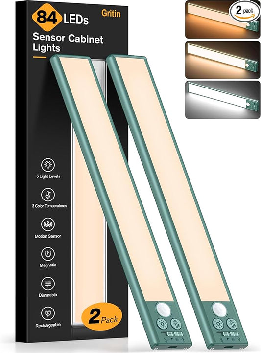 Gritin 10.2inch Under Cabinet Lighting Rechargeable -84 LED Super Bright,3-Color& 5 Level Brightness,4 Modes,Motion Sensor, Long Lasting- Easy Installation Magnetic Closet Lights -2 Pack-Green