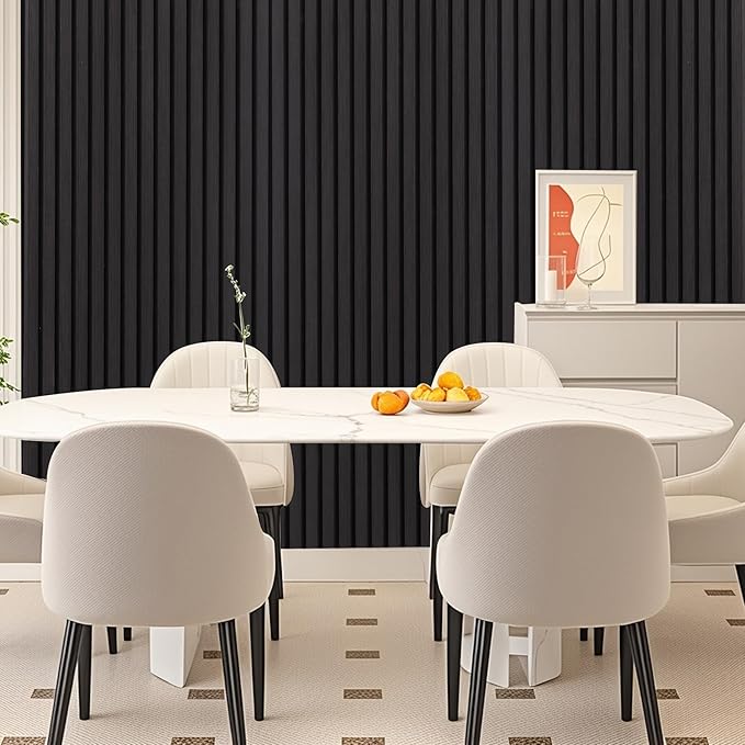 3D Slat Acoustic Wall Panels with Wood Finish Accent, 4 Pack Sound Absorbing Paneling for Studio, Office, Living Room, Bedroom Interior Decor (Matte Black, 48''L x 24''W)