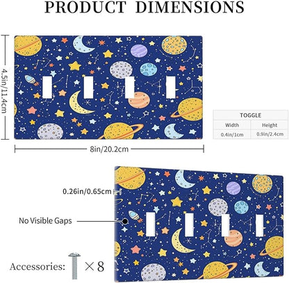 Stars Starry Night Sun Moon Planet Constellations Light Switch Covers Quad Toggle 4 Gang Wall Plate Decorative Switch Plates Electrical Faceplate for Bedroom Bathroom Decor
