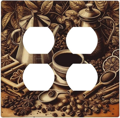 Decorative Outlet Covers Vintage Coffee Beans Leaf Cup 2 Gang Wall Plate Cover Double Duplex Receptacle Two Switch Light Switch Cover Plate Jumbo Dual Faceplate