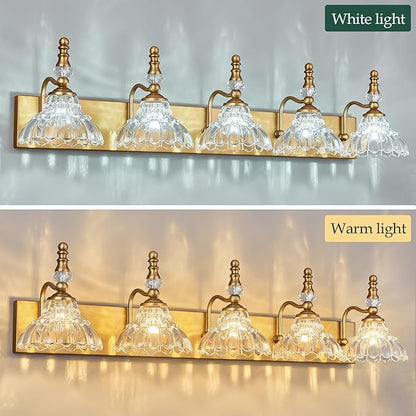 Vintage Bathroom Vanity Light, 5-Light Brass Vanity Lighting Fixture with Flower Glass Shade, Bathroom Lighting Fixtures Over Mirror