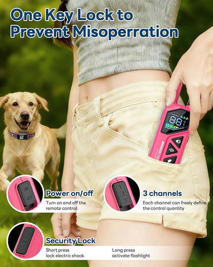 Dog Shock Collar - 3300FT Dog Training Collar with Remote, IPX7 Waterproof Electric Dog Collar with 4 Training Modes, Security Lock, Rechargeable E-Collar for Small Medium Large Dogs (Hot Pink)