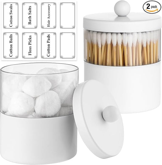 Gaussra White Apothecary Jars, White Qtip Holder - Stainless Steel Bathroom Jar with Stickers - Farmhouse Decor Qtip Dispenser for Qtips, Cotton Balls, Swabs, Makeup Sponges (2-Pack)