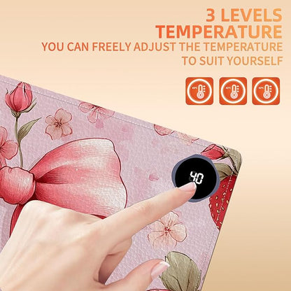 Heated Mouse Pad 23.6 x 14 in 3-Temp Fast Heating Desk Mat with Auto Timer Warmer for Hands Wrist Pain Relief Waterproof Keyboard Mat for Office, Gaming, Home, Pink Bow Floral