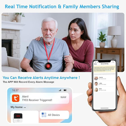 WiFi Smart Wireless Caregiver Pager Call Button Emergency Alert System Life Alert Button for Elderly Patient Seniors Disabled 1 SOS Panic Button 1 Receiver(Only Supports 2.4GHz & No Monthly Fee)