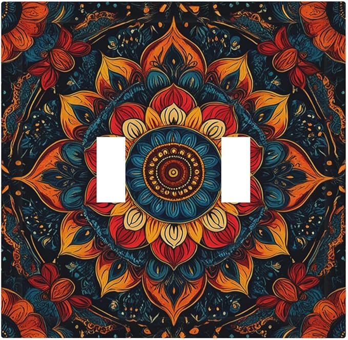 Boho Colorful Mandala 2 Gang Double Toggle Light Switch Cover Decorative Switchplate Electrical Wall Plates Faceplate for Bathroom Bedroom Decor 4.9 X 5 IN