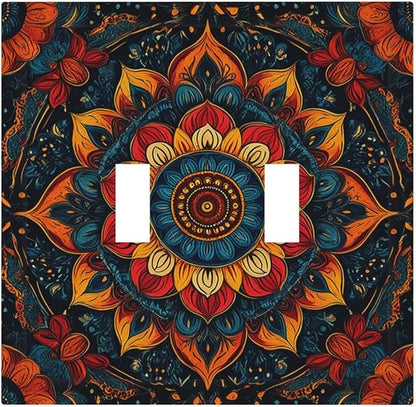 Boho Colorful Mandala 2 Gang Double Toggle Light Switch Cover Decorative Switchplate Electrical Wall Plates Faceplate for Bathroom Bedroom Decor 4.9 X 5 IN