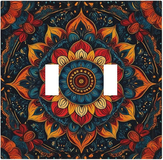 Boho Colorful Mandala 2 Gang Double Toggle Light Switch Cover Decorative Switchplate Electrical Wall Plates Faceplate for Bathroom Bedroom Decor 4.9 X 5 IN