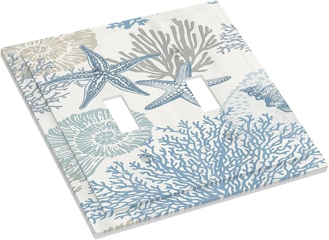 Decorative Light Switch Plate Covers Blue Starfish Coral Seaweed 2 Gang Light Switch Cover Plate Double Toggle Wall Plate Outlet Covers for Bathroom Bedroom Decor （2 Pack）