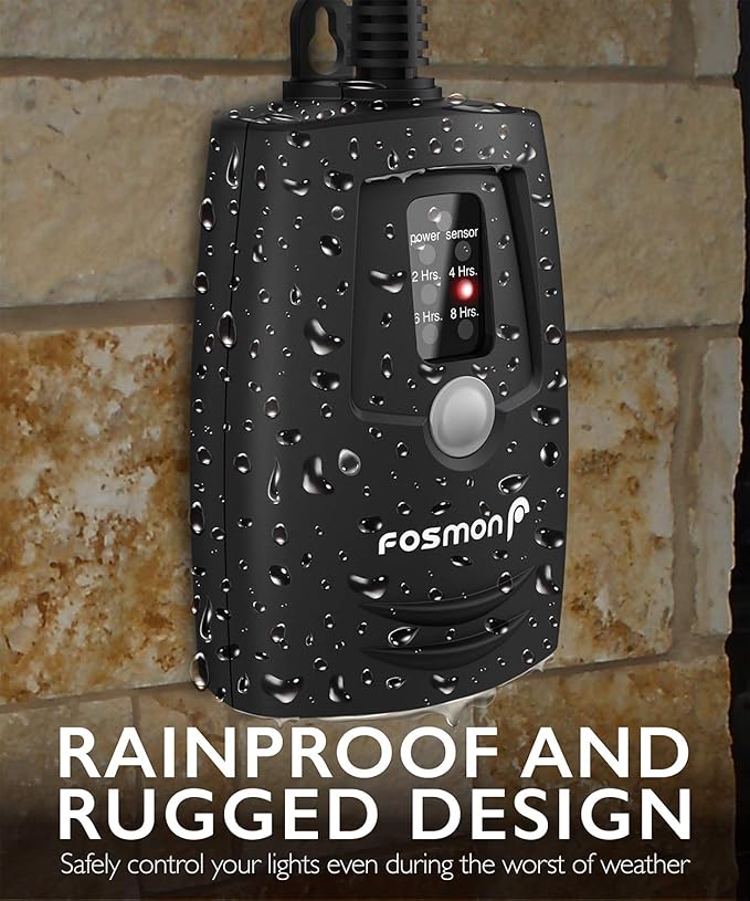 Fosmon Outdoor Light Timer Outlet with Remote Control, Waterproof Dusk to Dawn Plug-in Timer with Wireless Remote for Electrical Outlets, Outside Lighting, 100 ft Range, 15A 1/2HP, Grounded-UL Listed