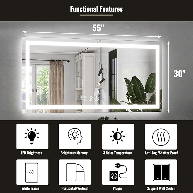 LED Bathroom Mirror, 30x55 Inch White Framed Gradient Front and Backlit Vanity Mirror, Anti-Fog, Dimmable, Wall Mounted Horizontal/Vertical Lighted Mirror