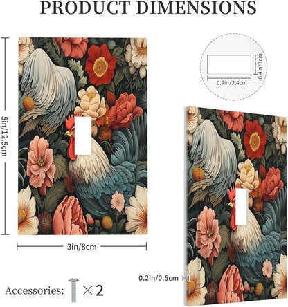 Decorative Light Switch Cover Rooster Flowers Red White Chicken Floral 1 Gang Single Toggle Device Electrical Faceplate Switchplates Decorator Outlet Wall Plate for living Room Farmhouse