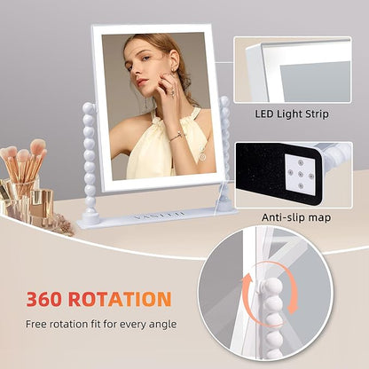 Vanity Makeup Mirror with Lights 9”x12” Hollywood Mirror with Music Speaker Dimmable 3 Color Lighting Light up Mirror with 10X Magnification 360 Degree Rotation for Bedroom Bathroom