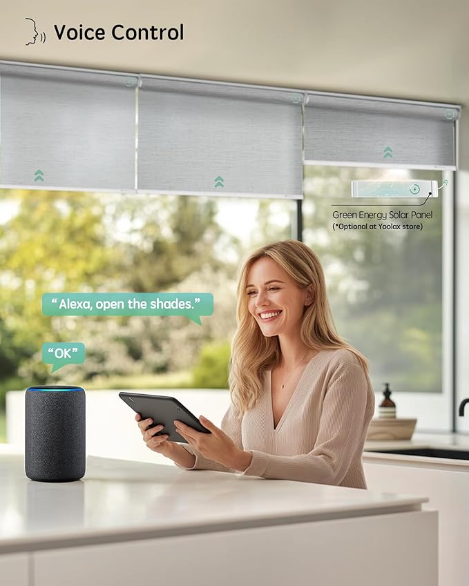 Yoolax Motorized Blinds with Remote, Smart Blinds for Windows Motorized Roller Shades, Automatic Window Shades Compatible with Alexa Custom Size (Room Darkening-Shinny Gray)