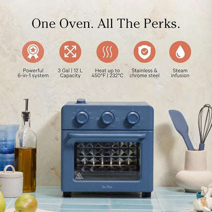 Our Place Wonder Oven | 6-in-1 Stainless Steel Air Fryer Toaster Oven Combo with Basket, Rack, Pan & Tray | Compact 13 QT Countertop Capacity - Toast, Roast, Bake, Reheat, Broil & Steam | Blue Salt