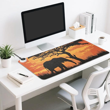 Heated Desk Pad Mouse Pad 31.5x13 Inch PU Leather Desk Mat with 3 Heat Levels Large Mouse Gaming Computer Laptop Mat Elephant Silhouette Sunset Red