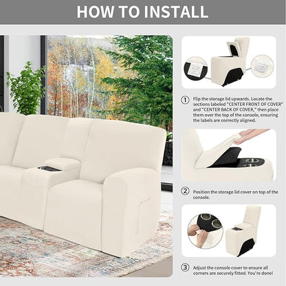 Easy-Going 100% Waterproof Recliner Console Cover, Stretch Middle Console Couch Covers for Reclining Sofas, Sectional L-Shape Furniture Protector for Kids & Pets, 1 Console Cover, Beige