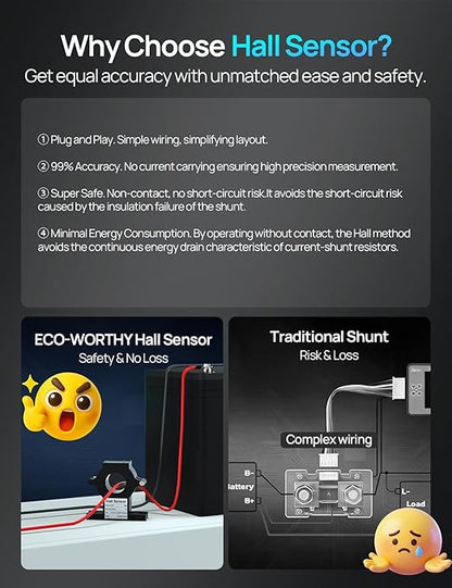 ECO-WORTHY Battery Monitor with Hall Sensor, 300A Touchable Backlight Display with Programmable Alarm for 9-80V LiFePO4/AGM/Gel Battery RV Golf Cart Off-Grid Houses