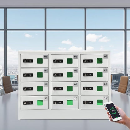 12 Slots Cell Mobile Phone Steel Locker with Combination Lock, Cellphone Charging Station with 3 in 1 Charging Ports for Most Phones, Cellphone Locker for Schools, Conference Rooms, and Offices