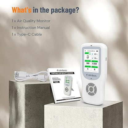 LifeBasis Air Quality Monitor Indoor, 10-in-1 Air Quality Detector with Stand, Real-Time Air Meter Test AQI, PM1.0, PM2.5, PM10, CO2, TVOC, HCHO, Particles, Temperature and Humidity with Alert -White