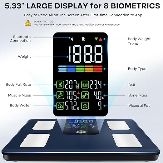 GE Smart Scale for Body Weight, BMI, Body Fat, Muscle Mass, Digital Bathroom Scales 500lbs for Bluetooth Weight Monitor 11.8" Large Platform Weighing Machine Health Analyzer with App, Dark Blue
