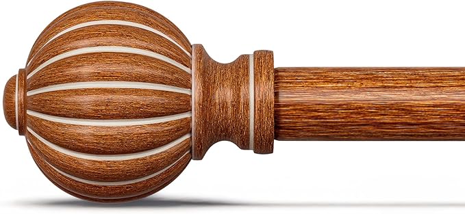 Reddish-Brown Wood Curtain Rods for Windows 66 to 120 Inch, 1'' Adjustable Heavy Duty Curtain Rod，Vintage Imitation Wood Decorative Drapery Rods with Pumpkin Finials for Bedroom Living Room