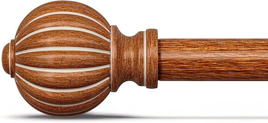 Reddish-Brown Wood Curtain Rods for Windows 66 to 120 Inch, 1'' Adjustable Heavy Duty Curtain Rod，Vintage Imitation Wood Decorative Drapery Rods with Pumpkin Finials for Bedroom Living Room