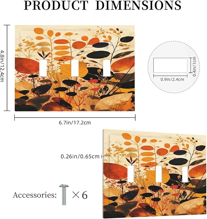Decorative Switch Plates Boho Warm Colorful Plant Leaves 3 Gang Wall Plate Faceplate Triple Toggle Light Switch Cover Electrical Wall Panels for Bedroom living Room Decor