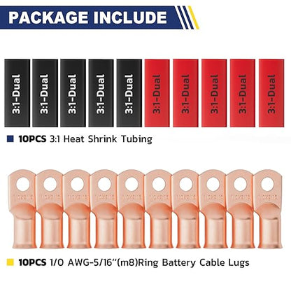 haisstronica 10pcs 1/0 AWG - 5/16"(M8) Battery Cable Lugs, Heavy Duty Copper Wire Lugs with 10pcs 3:1 Adhesive Heat Shrink Tubing, 0Gauge Wire Connectors Battery Terminal Connector, Battery Cable Ends