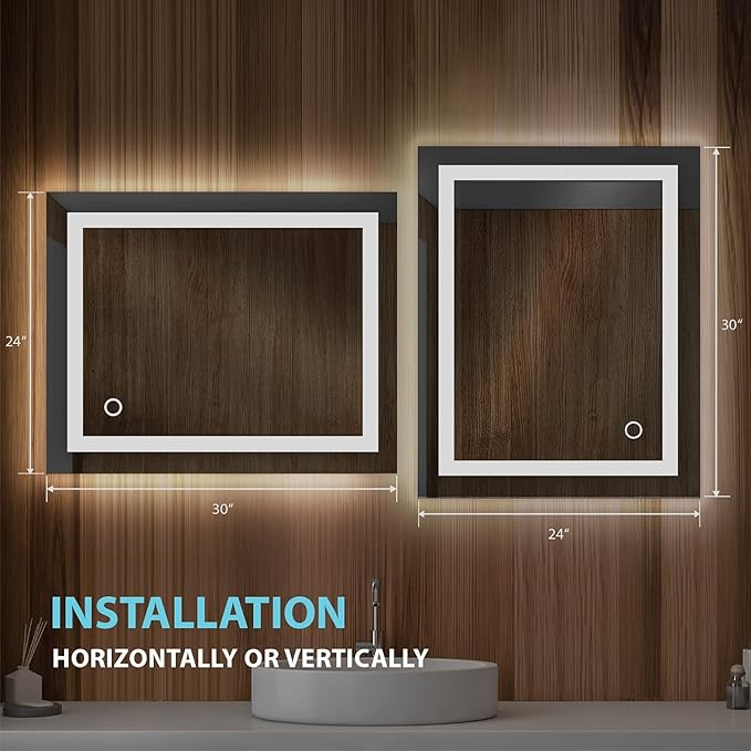 Blossom 24X30 LED Bathroom Mirror with Lights, Anti-Fog, Dimmable, Backlit & Front Lit, Lighted Bathroom Vanity Mirror for Wall, Memory Function, Waterproof, Tempered Glass, Smart Vanity Makeup Mirror