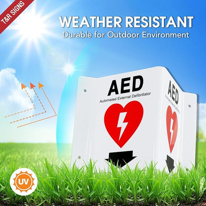 T&R AED Sign, Automated External Defibrillator with Down Arrow - 4 Pack - 8 x 6 Inches Acrylic, 4 pre-drilled holes, Includes Matching Screws, Use for Office/Business