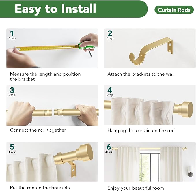 Curtain Rods for Windows 32 to 240, 1 Inch Adjustable Gold Heavy Duty Long Window Curtain Rod, Modern Outdoor Drapery Rods with Simple End Caps, Size 32"-240"