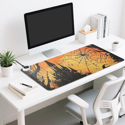 Heated Desk Pad Mouse Pad 31.5x13 Inch PU Leather Desk Mat with 3 Heat Levels Large Mouse Gaming Computer Laptop Mat Orange Witch Castle Halloween