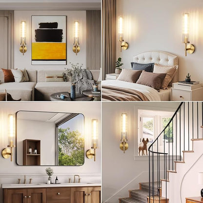 19.5" Knurled Brass Wall Sconces Set of 2, Gold Bathroom Vanity Light Fixtures with Vertical Striped Glass Tube, Modern Lamp Lighting for Bedroom, Living Room, Hallway, Staircase, Mirror, Kitchen