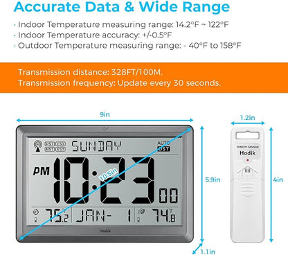 Wall Clock Atomic with Indoor Outdoor Temperature Battery Powered, Easy Reading with 10.5 Inch Large LCD Display, 330FT Range Table Wall Clock With DST, 12/24 Hour for Living Room Kitchen (Silver)