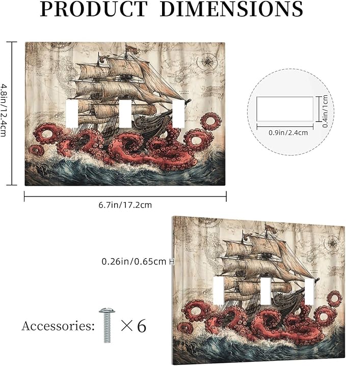 Decorative Switch Plates Vintage Octopus Ocean Sailboat Bizarre Adventure 3 Gang Wall Plate Faceplate Triple Toggle Light Switch Cover Electrical Wall Panels for Bathroom Kids room Decor