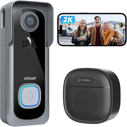 ieGeek Doorbell Camera Wireless No Subscription, 2K 3MP HD View, 2-Way Talk, PIR Motion Detection, Wireless Video Doorbell with Chime, Only Supports 2.4GHz WiFi, Local & Cloud Storage, Grey