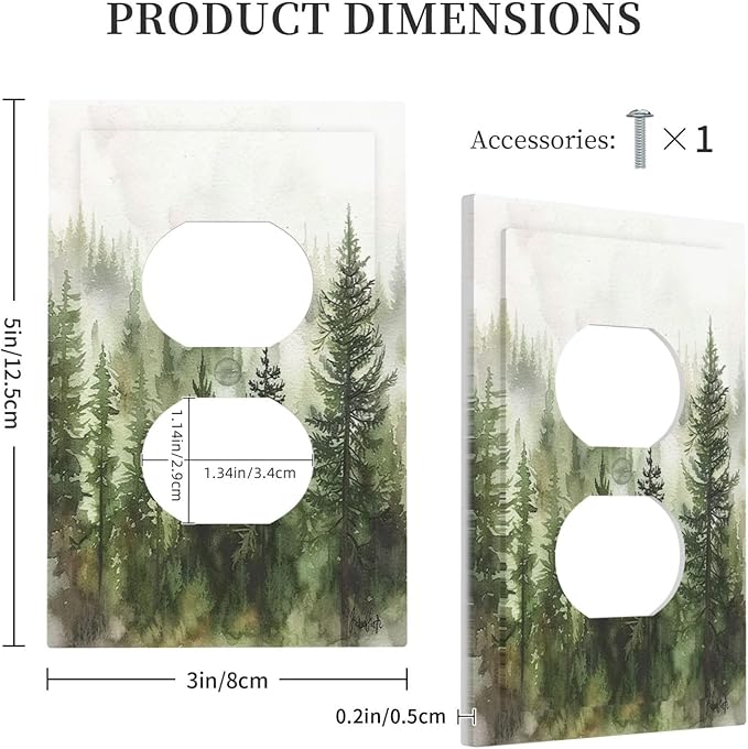 Outlet Covers Green Forest Watercolor Painting Foggy Pine 1 Gang Duplex Wall Plate Decorative Switch Plates Electrical Receptacle Faceplate Light Switch Cover for Bedroom living Room Decor