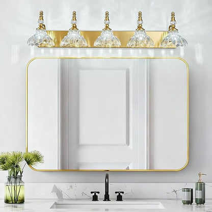 Vintage Bathroom Vanity Light, 5-Light Gold Vanity Lighting Fixture with Flower Glass Shade, Bathroom Lighting Fixtures Over Mirror