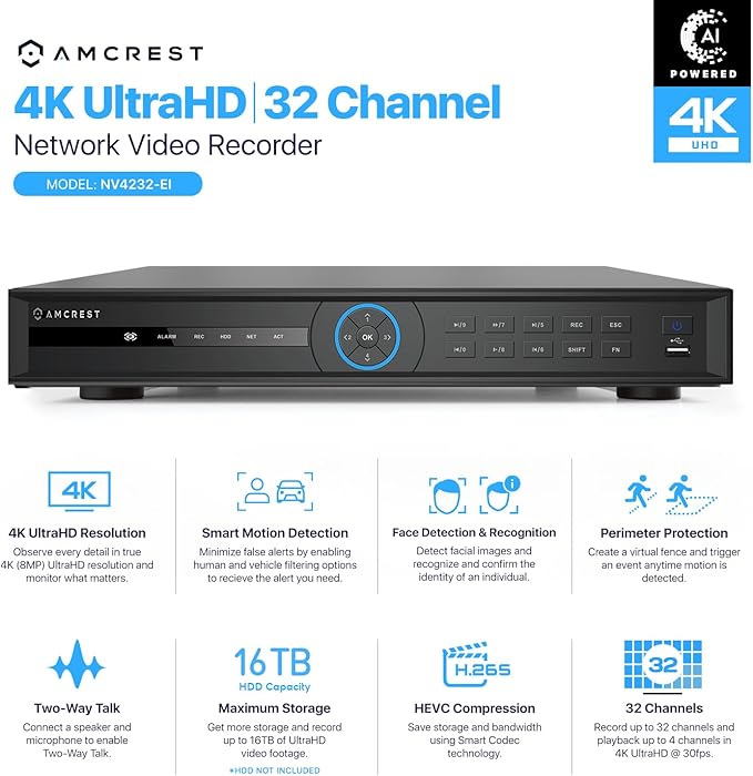 Amcrest 4K NV4232-EI-4TB 32CH AI NVR, Smart NVR, Facial Recognition, Facial Detection & Vehicle Detection - Supports 32 x 4K IP Cameras, Pre-Installed 4TB HDD (No PoE Ports Included)