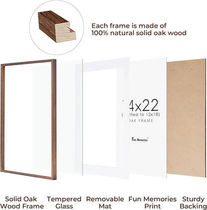 Fun Memories 14x22 Oak Wood Picture Frame, 14"x22" Picture Frame Matted to 12"x18", Photo Frame 14 x 22 with Real Glass, 14x22 Wood Frame for Vertical or Horizontal Hanging (Walnut Color, 1 Pack)
