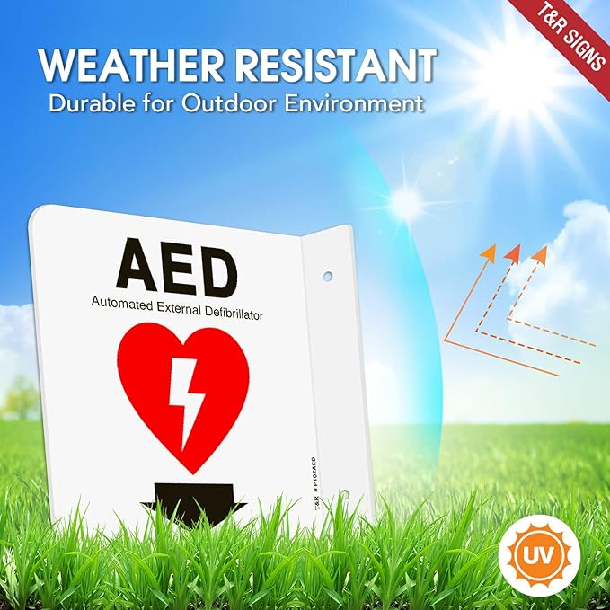 T&R AED Sign, Automated External Defibrillator with Down Arrow - 4 Pack - 6 x 6 Inches Acrylic, 2 pre-drilled holes, Includes Matching Screws, Use for Office/Business